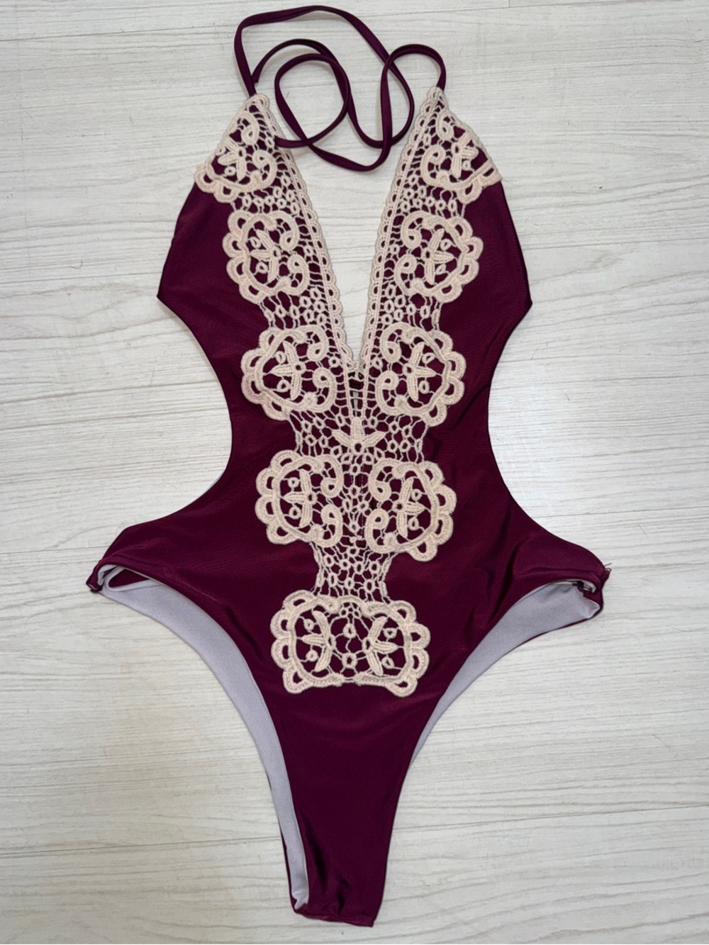 Wine Color & Cream One-Piece Swimsuit with Crochet Appliqué